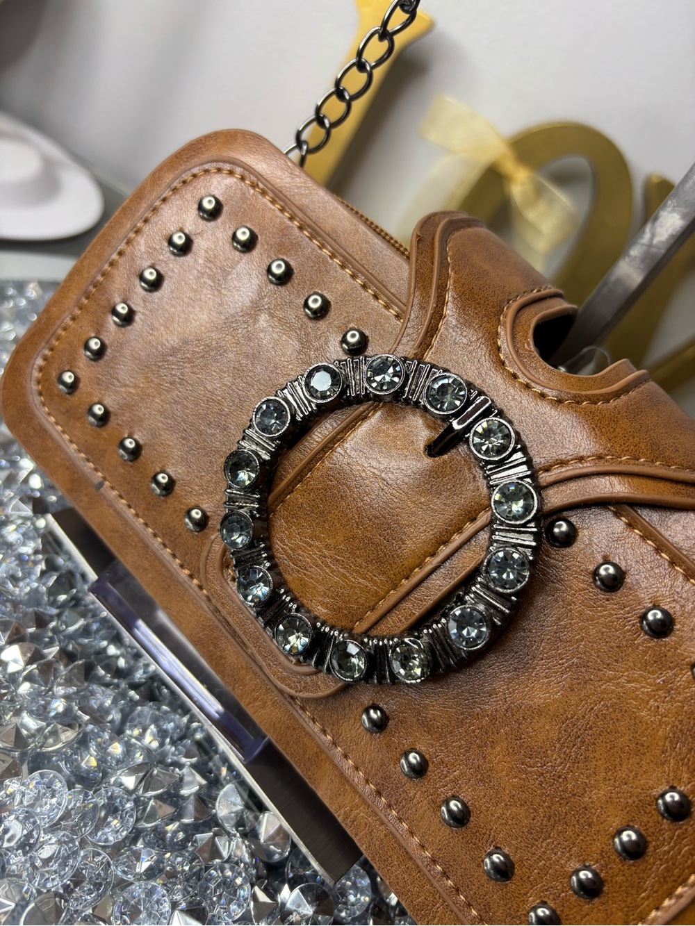 Rhinestone buckle Studded Brown Leather Crossbody NWOT - Picture 3 of 16